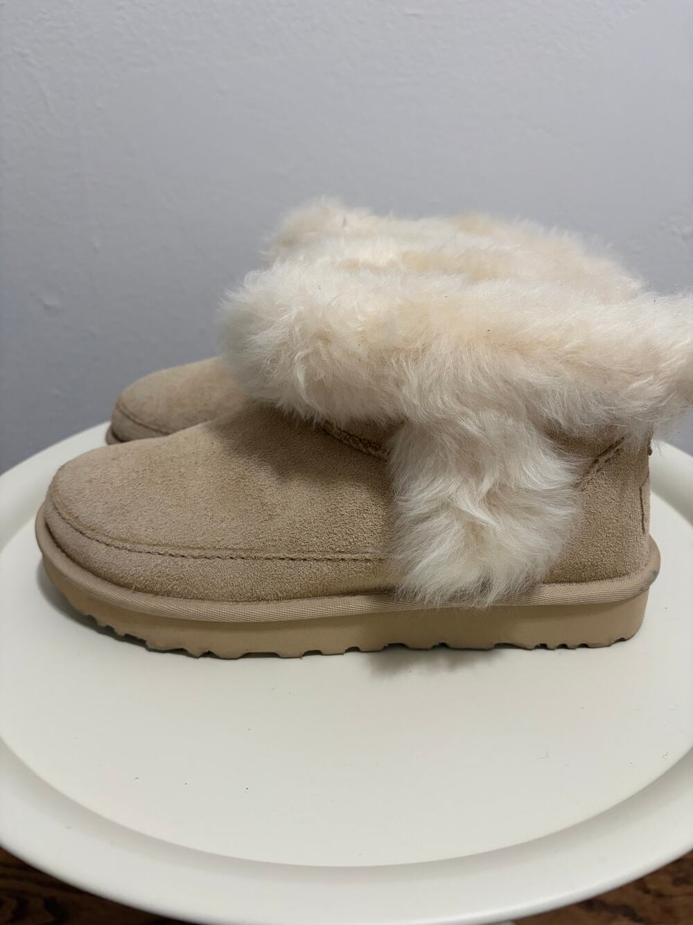 UGG Beige Suede Shearling Fur Cuff Ankle Boots Cream Cozy Winter